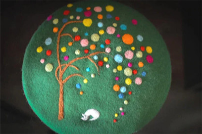 A Cat under Tree Flower Hand Made Beret Fairy Tale Wool Beret Hat