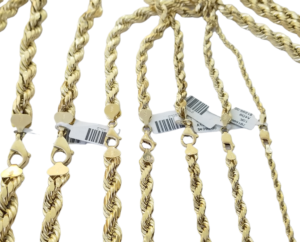 Real 10K Yellow Gold Rope Chain Necklace Diamond Cut 3mm-10mm 18-30 ...