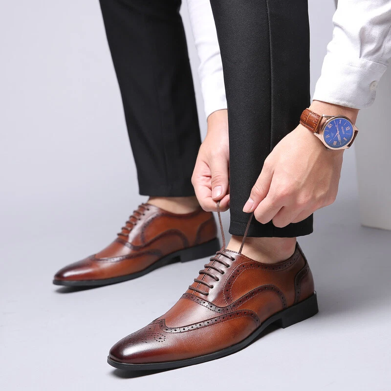 Mens Lace Up Brogues Leather Formal Shoes Dress Business Wedding