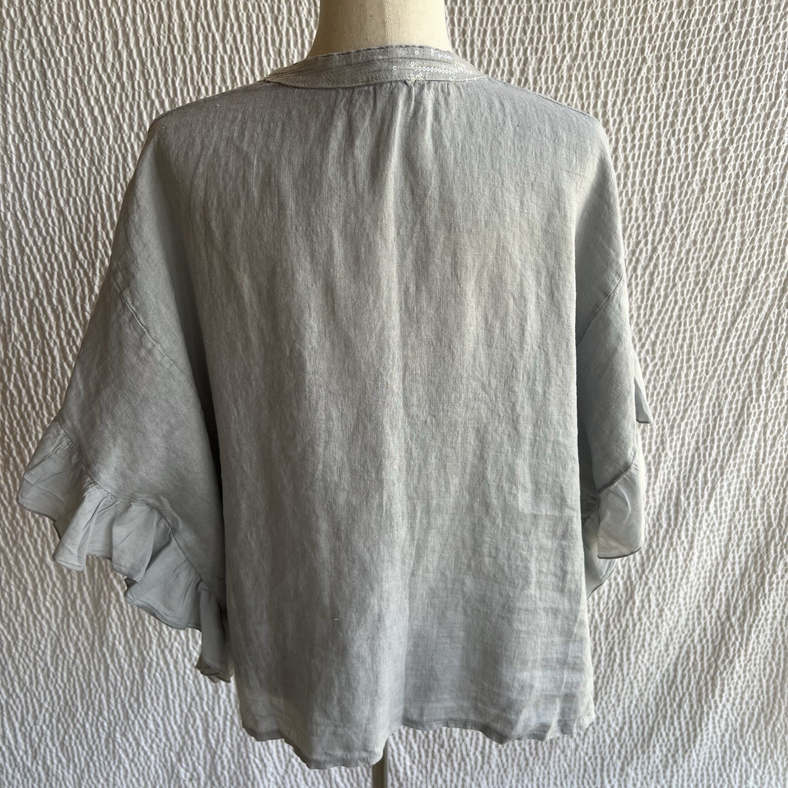 Saks Fifth Avenue Gray Oversized Loose Linen Top Small Sequins Ruffle  Sleeve image 5