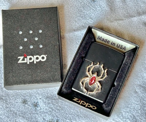 Vintage Black Zippo Lighter Silver Spider Red Jewel & Wrong  Box