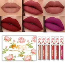 evpct 6Pcs Peony Flower Liquid Matte Lipstick Set,Dark Red Purple Permanent Lips