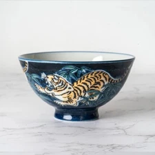 Mino ware Japanese Ceramics Rice Bowl Roaring Tiger Blue, Made In Japan