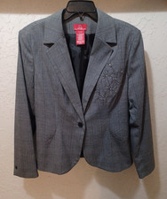 Oscar de la Renta Wmns 16 Gray Plaid Blazer Rhinestone Floral Single Button