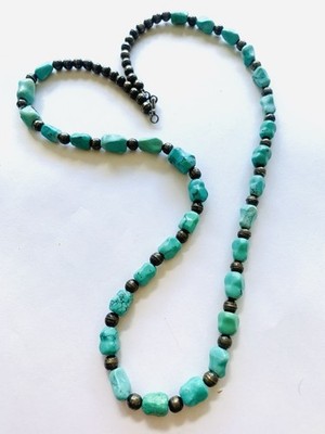 Vintage Native American Navajo 22  Turquoise And Sterling Silver Bead Necklace 