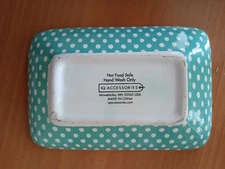 IQ Accessories soap holder/ trinket dish ceramic teal w dots 4.5 x3 "