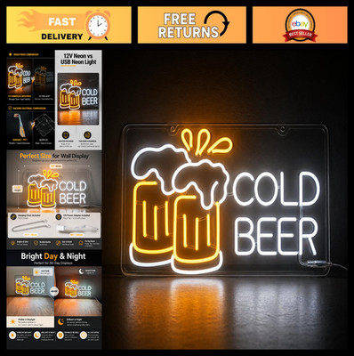 Cold Beer Neon Sign - LED Light for Home Bar, Pub, Man Cave, Garage - Unique Gif