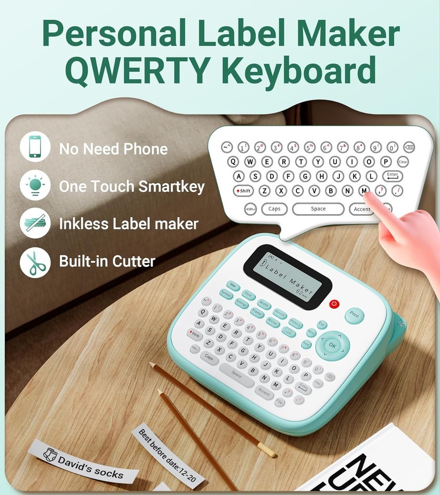 D210S Label Maker Machine with 4 Labels 6.5x5.8x2.5 Inch in Green