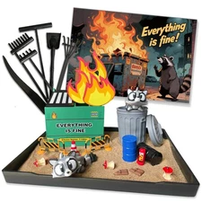 Dumpster Fire Zen Garden Desk Set - Trash Can  Raccoon Figurines Sand Tray Th...