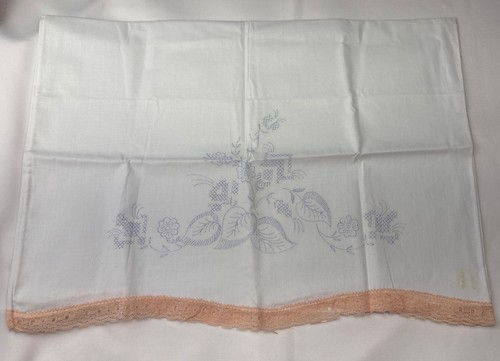 Stamped Cross Stitch Pillowcase Floral Print Peach Lace Detail 18”x26” Vintage