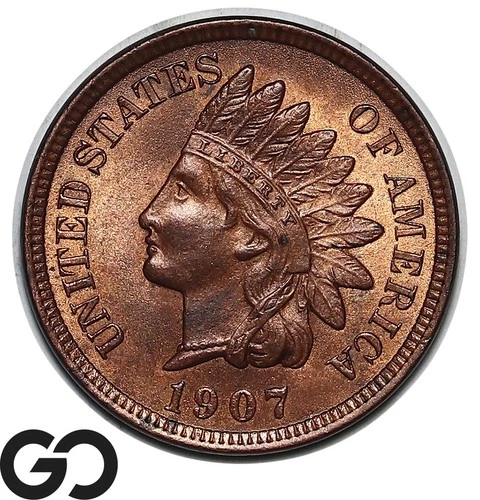 1907 Indian Head Cent Penny, Lustrous Red Brown, Gem BU++