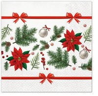 20 Servietten Festive Poinsettia - Weihnachtsstern An Roten Schleifen 33X33Cm