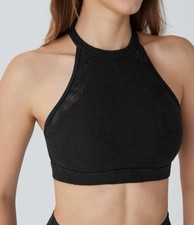 NWT HALARA SoftlyZero Halter Contrast Lace Yoga Sports Bra - Small - Black