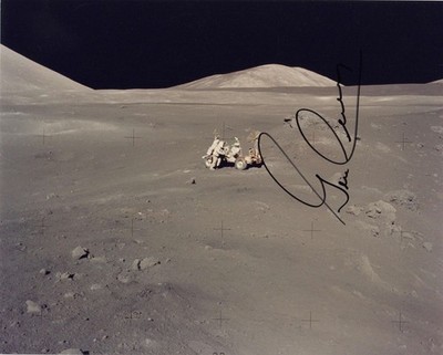APOLLO 17 MOONWALKER GENE CERNAN SIGNED COLOR PHOTOGRAPH OF SCHMITT AT ROVER