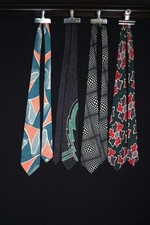 FOUR VINTAGE DEADSTOCK 1990'S FINE KIMONO SILK PRINT TIES JAPAN 58" L X 3 1/2"W