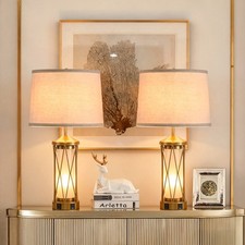 2-Pack Gold Bedside Table Lamps, 3 Color Temperature, Linen Shade with USB Port