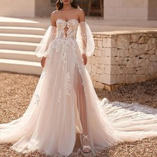 Wedding Dress Detachable Sleeve Sweetheart Lace Bridal Gown Split A Line Tulle