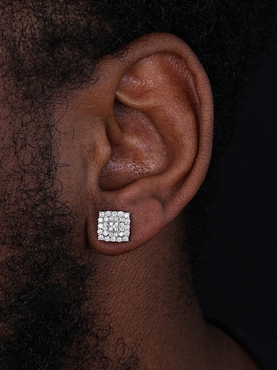 Screwback Earrings Square 10mm Real 925 Silver CZ Iced Large Mens