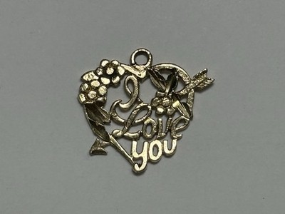 14k Gelbgold massiv Gold ''I Love You'' Herz Blumen Pfeil Charm Anhänger
