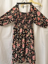 Time and Tru XXL Black Pink Floral Smocked Midi Dress Puff Sleeve Square Neck