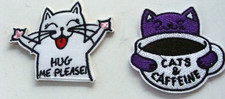 NEW Lot of 2 Cat Kitty Themed Sew/Iron-On Patches Caffeine Hugs Collectibles
