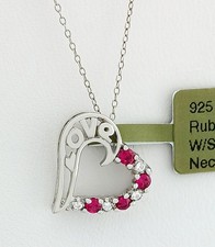 LAB CREATED RUBY  W/SAPPHIRE HEART PENDANT NECKLACE SOLID .925 SILVER - NWT