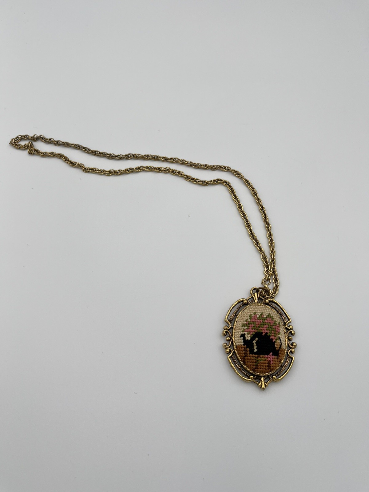VTG Petit Point Pendant Necklace Floral Victorian Style Frame Mirror Gold Tone