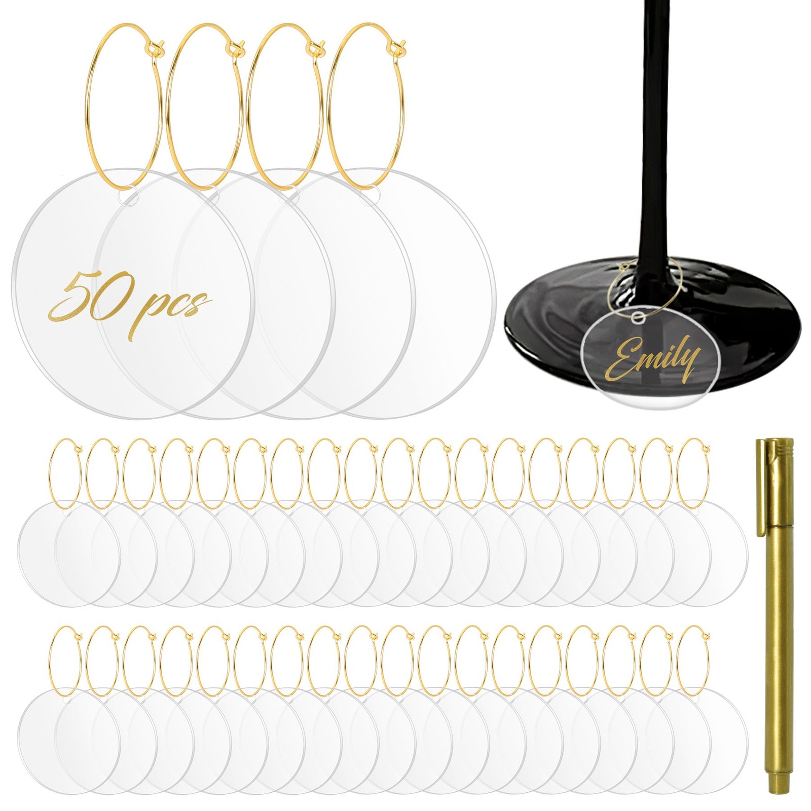 Wine Glass Charms set Round Acrylic Blank Glass Marker set 50 PCS