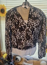 Women Leopard Animal Print Faux Wrap V-Neck Blouse Long Sleeve Top