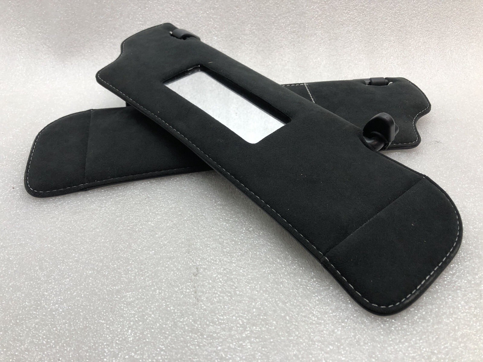 FERRARI F12 F152 BLACK NERO LEATHER ALCANTARA SUN VISOR SET SILVER STITCHING OEM