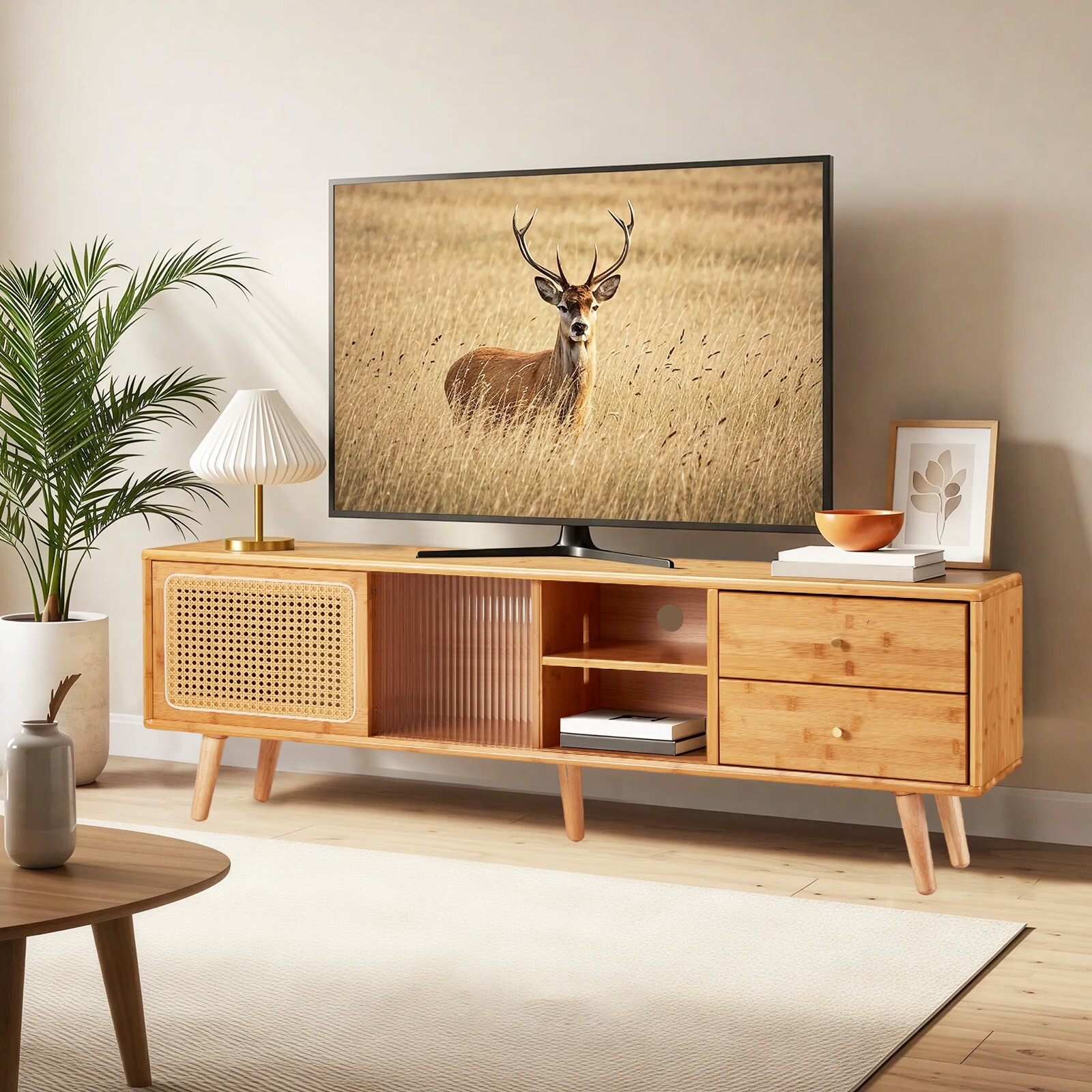 Danrelax Mid-Century Modern TV Stand, 55 Inch Rattan Media Console
