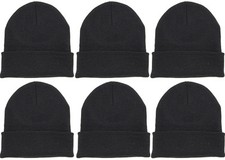 6 Black Beanie Knit Ski Cap Skull Hat Warm Solid Color Winter Cuff Blank