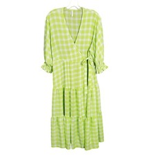 Urban Outfitters Sz M Dress Wrap Crinkle Gingham Check Long Tiered Ruffle Green