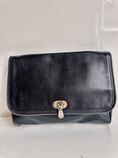 MOSCHINO Vintage 1980s Black Leather Clutch Bag Gold Zipper Turn Lock Italy Rare