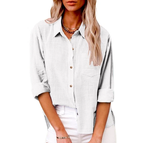 Women Linen Cotton Shirt Button Up Tops Long Sleeve Casual Loose Blouse Casual - Bild 46 von 48