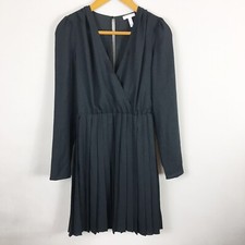 LEITH Little Black Dress XS Surplice Pleated Skirt L/S Chiffon Faux Wrap