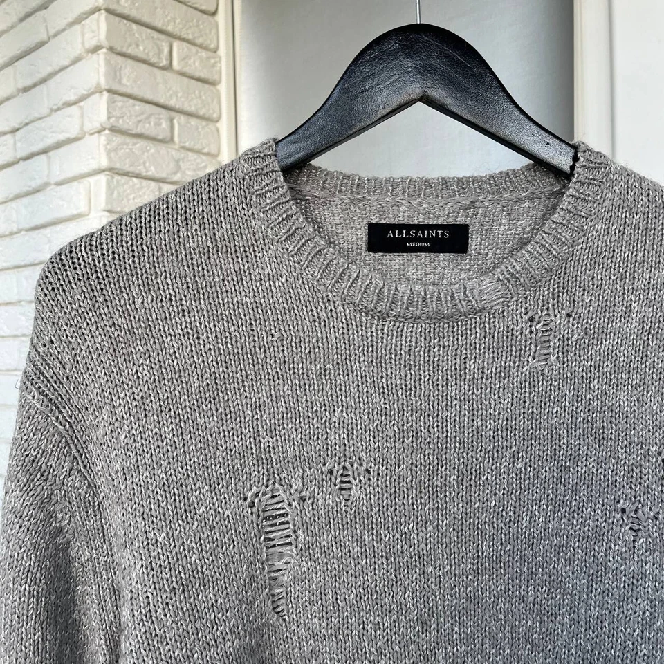 Allsaints Sweater Knit Distressed Wool Blend Knit Grey Mens Size M - Image 3 of 4