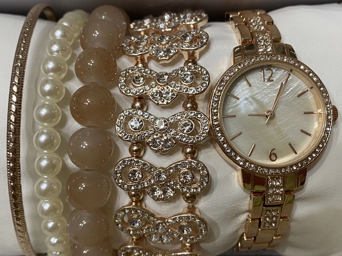 Mixit Rose Gold Tone Fashion Watch Stacking Bracelet Set Crystal