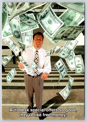 Autodesk and D.C. CADD Special Offers Like Free Money Raining on Man Ad Postcard