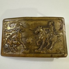 Vintage Solid Brass Cowboy Calf Roping Belt Buckle Western Rodeo Equestrian Art