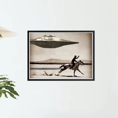 Vintage Cowboy UFO Desert Encounter Sci Fi Art Poster