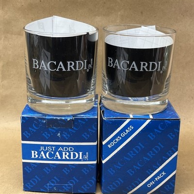 VINTAGE 1997 Bacardi Rum Rock Glass NEW NIB PROMOTION BOX Blue Logo Pair Set 2