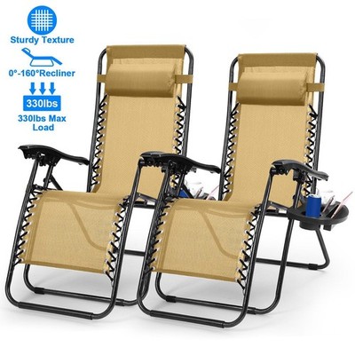 2Packs Zero Gravity Lounge Chair 330lbs Load Side Tray Pillow Foldable Patio
