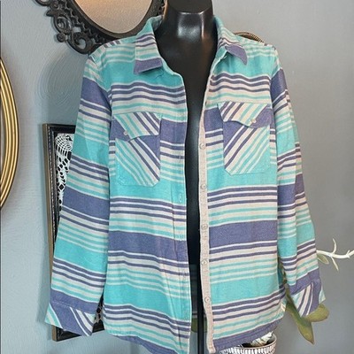 L.L. Bean Women's Blue and Green Striped Button Down Shirt