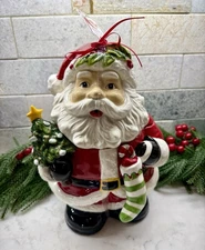 Blue Sky Clayworks Cookie Jar Santa Holding Christmas Tree & Stocking 11” Tall