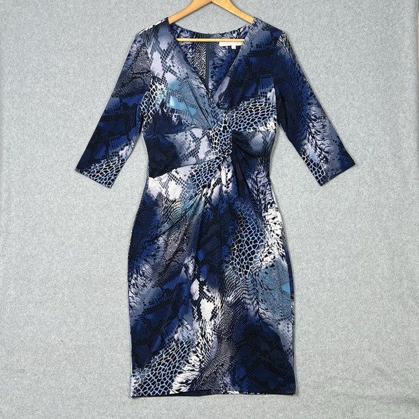 Anthea Crawford Dress Womens 14 Blue Jersey Snake Skin Animal Print Midi Bodycon