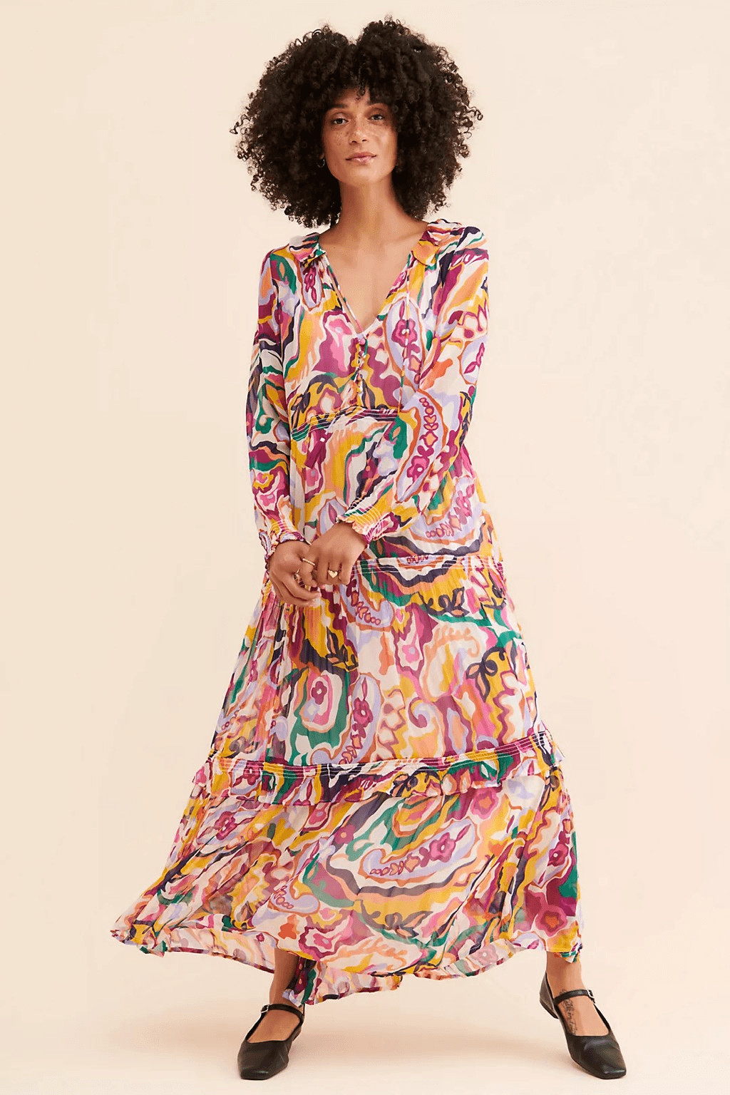 Anthropologie Marais Chiffon Tiered Maxi Dress - XL, Abstract Art Print NWT