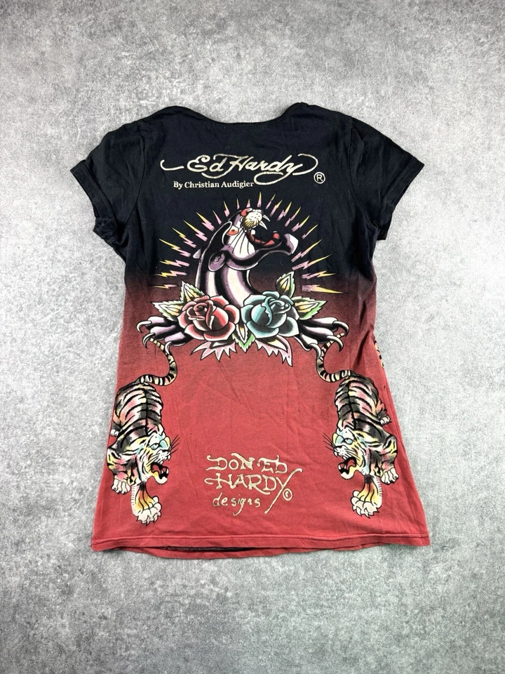 Ed Hardy T-shirt femme S noir/rouge strass motif crâne graphique manches courtes - Photo 2/4