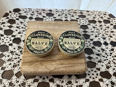 Vintage Set Of 2 White Cloverine Brand Salve Tin Empty 1oz  Price 25 cents