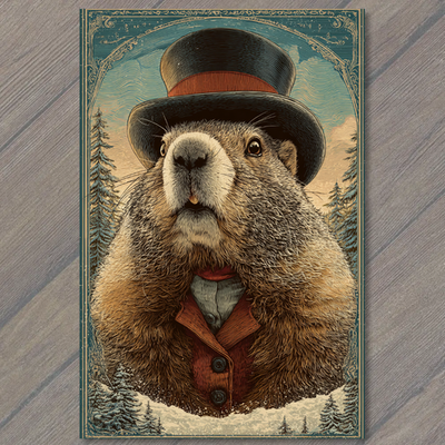 #ad #ad POSTCARD Groundhog Top Hat Dapper Victorian Winter Forest Pines Ornate Frame $6.65